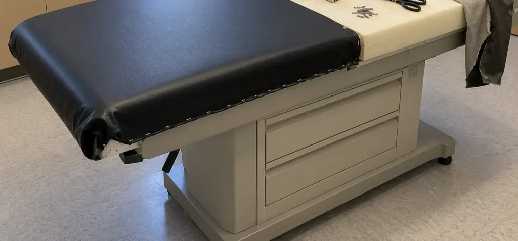 An exam table top partway through recovering