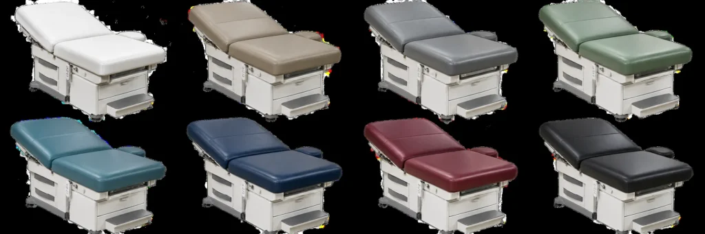 Exam tables shown in eight vinyl shades