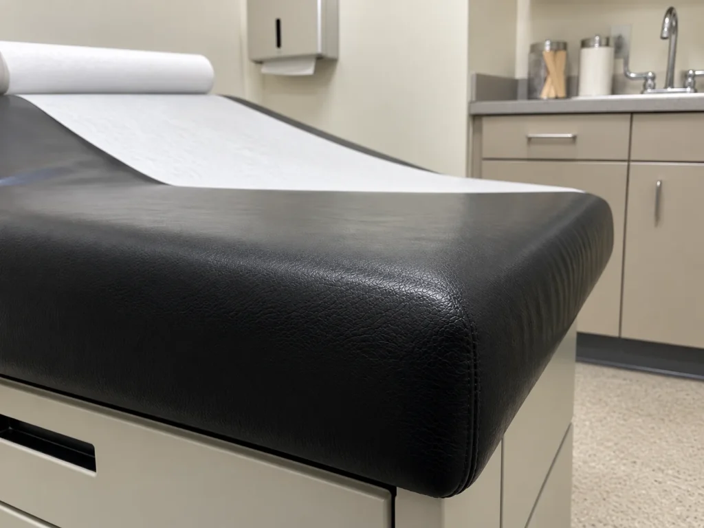 An exam table front end after a split was closed