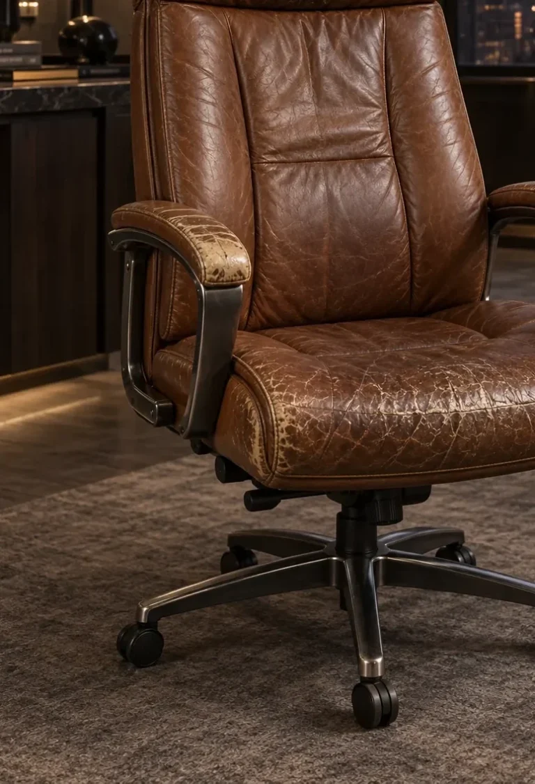 A brown leather executive chair with visible wear on arms and seat