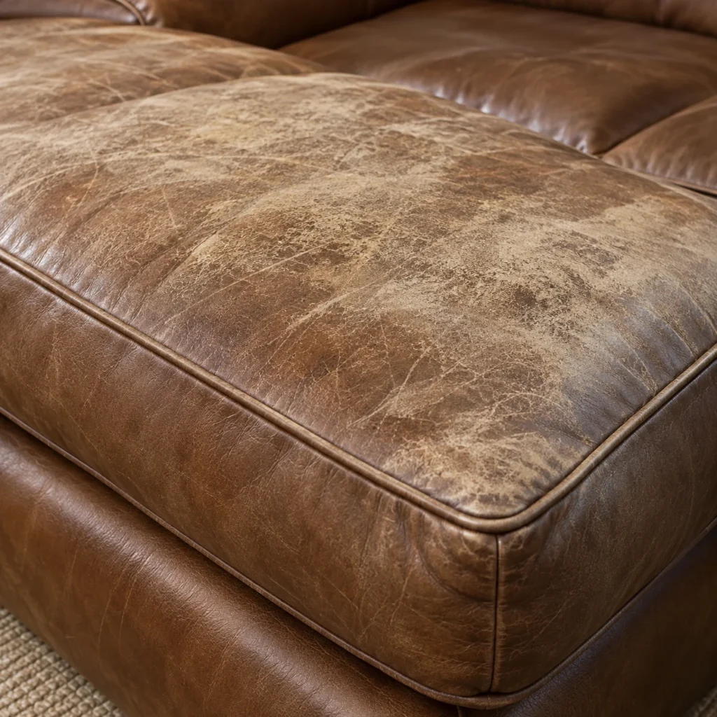 Faded seat on a leather sectional