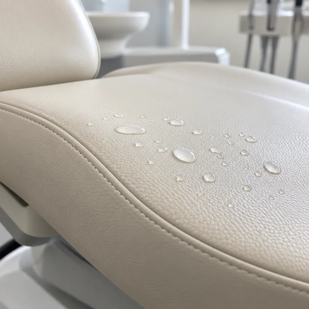 Liquid-shedding vinyl during medical furniture reupholstery