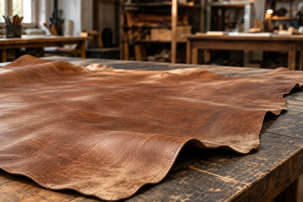 Whole leather hide spread flat across a cutting table