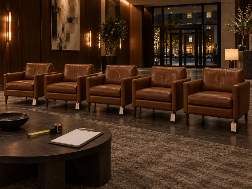 Row of lobby armchairs each carrying a grade tag