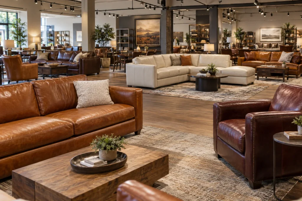Cognac and oxblood leather seating arranged on a showroom floor