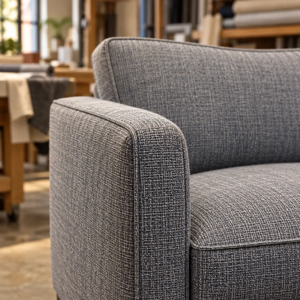 Gray fabric lobby armchair fully re-covered