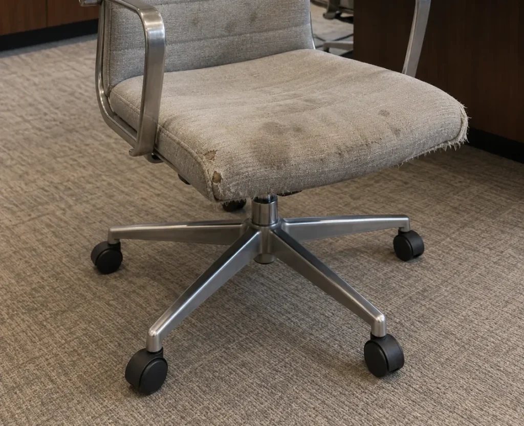 A stained gray fabric desk chair before reupholstery