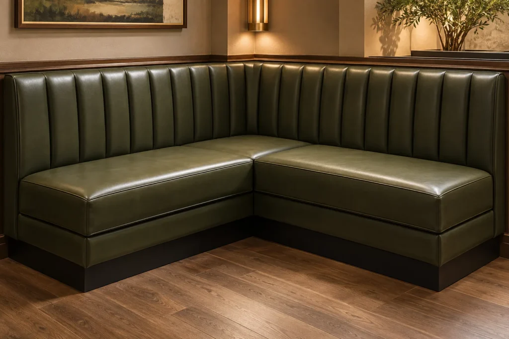 A green L-shaped corner banquette