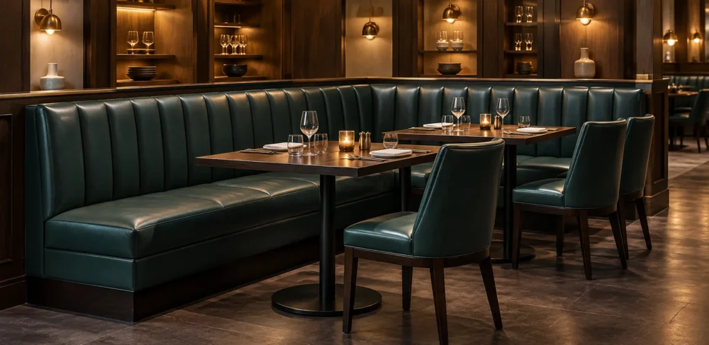 A green leather corner banquette in a wine bar