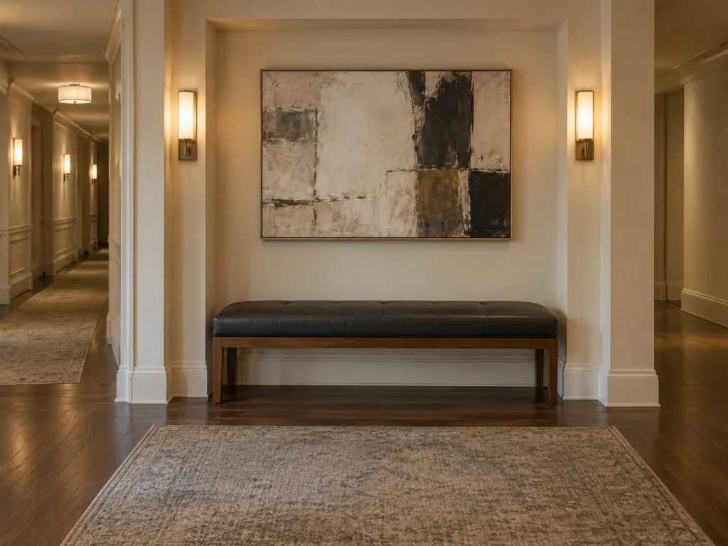 Upholstered bench set into a corridor alcove