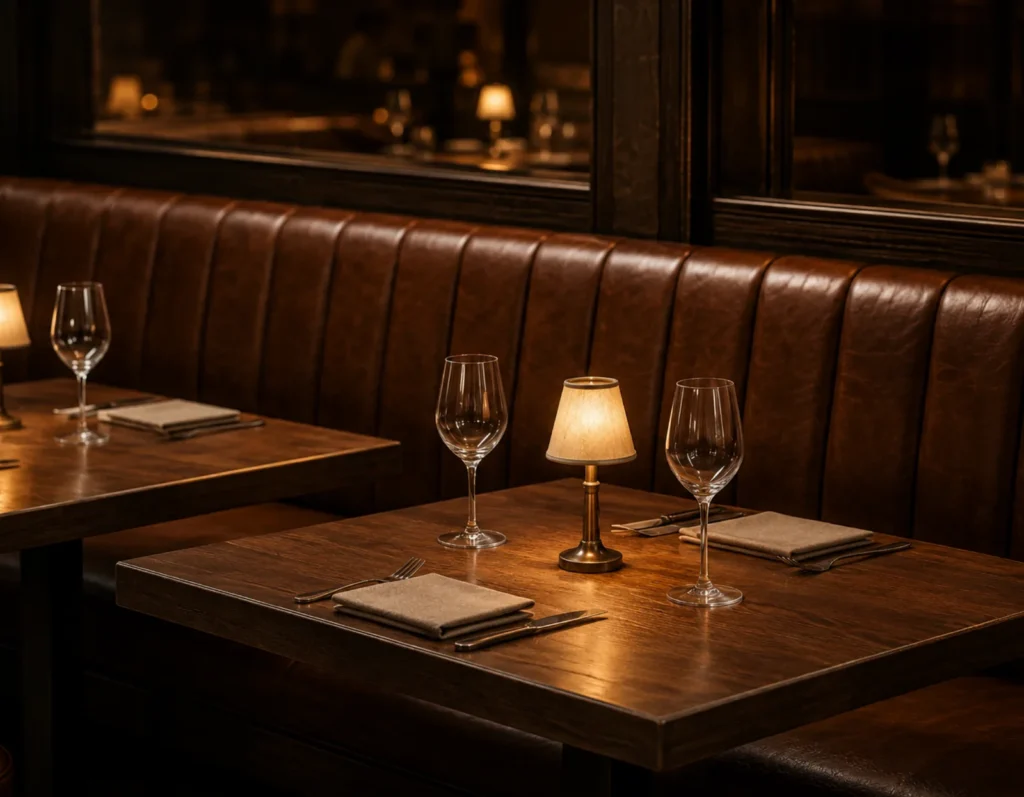 A repaired banquette back in use in a restaurant