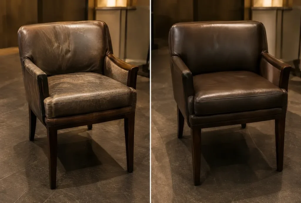 A hotel armchair before and after restoration