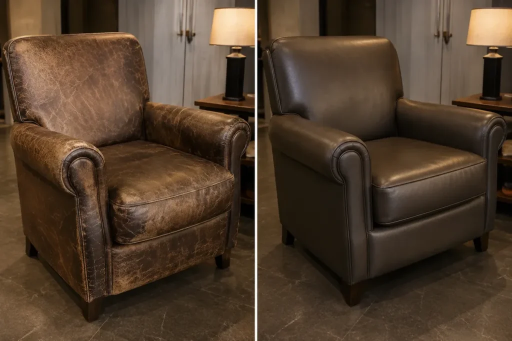 A hotel club chair before and after restoration