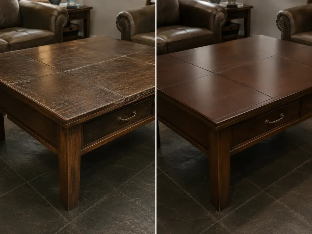 A hotel coffee table before and after refinishing