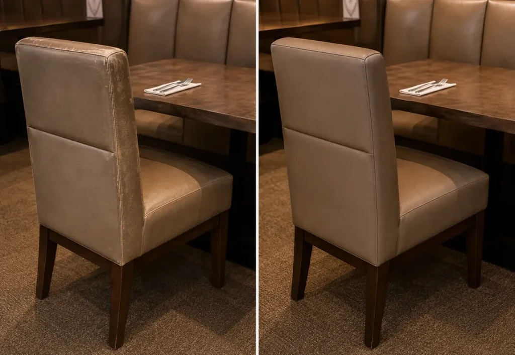 A hotel dining chair before and after restoration
