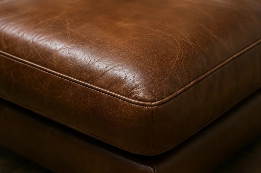 A brown leather seat cushion after recoloring