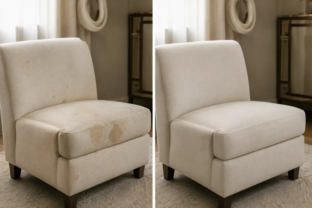A guest room fabric chair before and after a stain was lifted