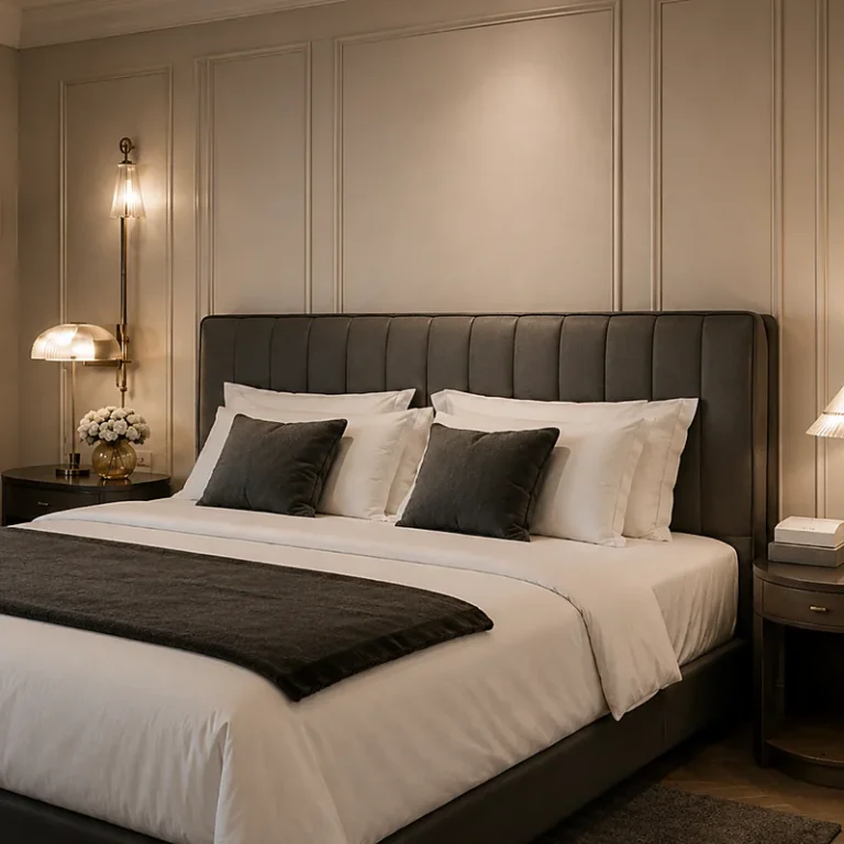 A dark channel headboard and bedside lamps in a hotel guest room