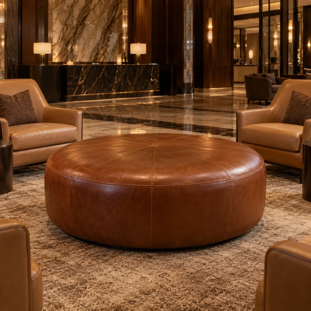 A round cognac leather ottoman in a lounge with armchairs