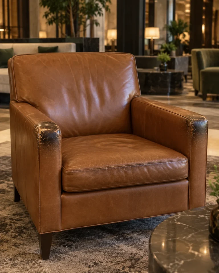 Tan leather lounge chairs with arms worn pale