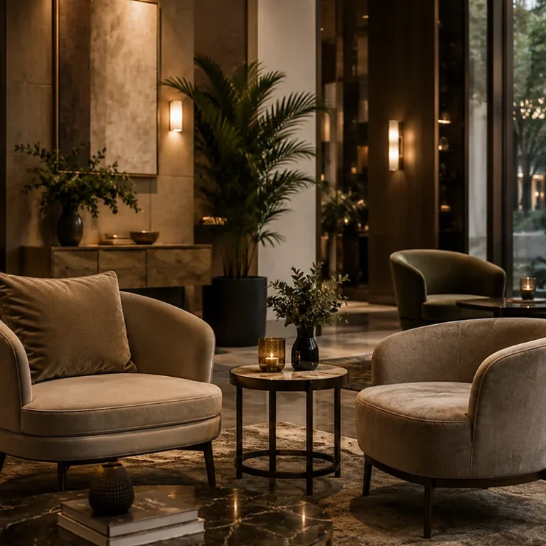 Velvet tub chairs grouped around small tables in a hotel lounge