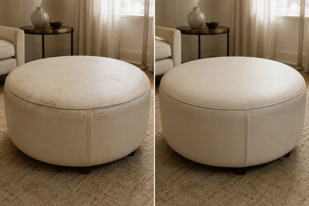 A lounge leather ottoman before and after cleaning