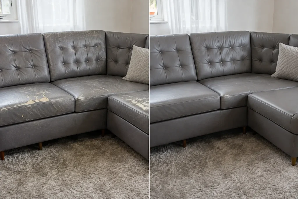 A lounge sectional before and after refinishing