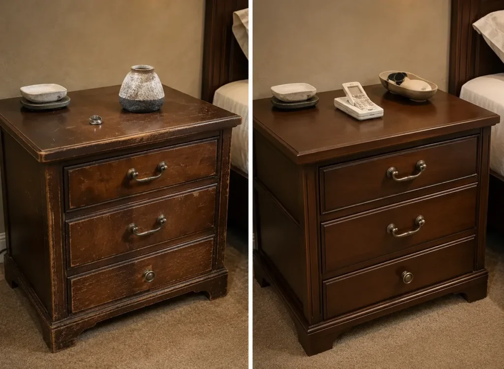 A hotel nightstand before and after its wood finish was renewed