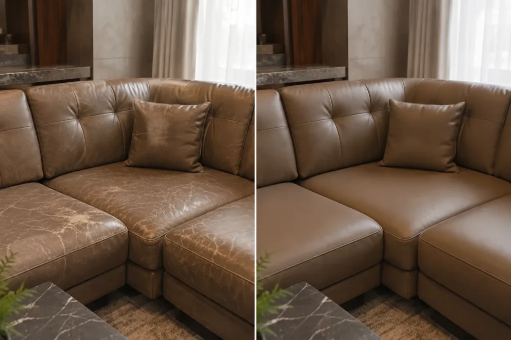 A suite leather sectional before and after its finish was renewed