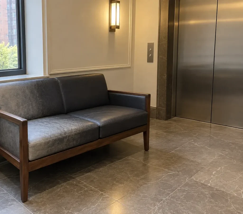 Elevator landing settee faded at the window end