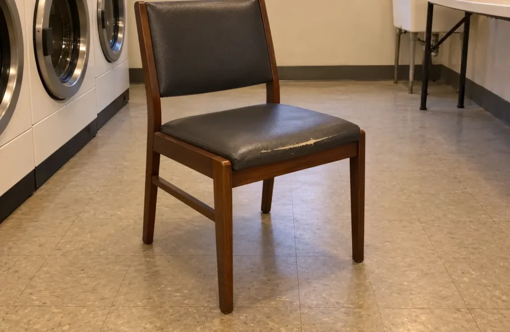 Laundry room chair with a worn-out seat