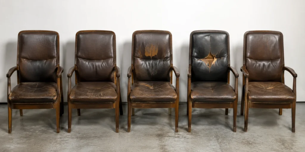 A row of law office chairs with one damaged chair