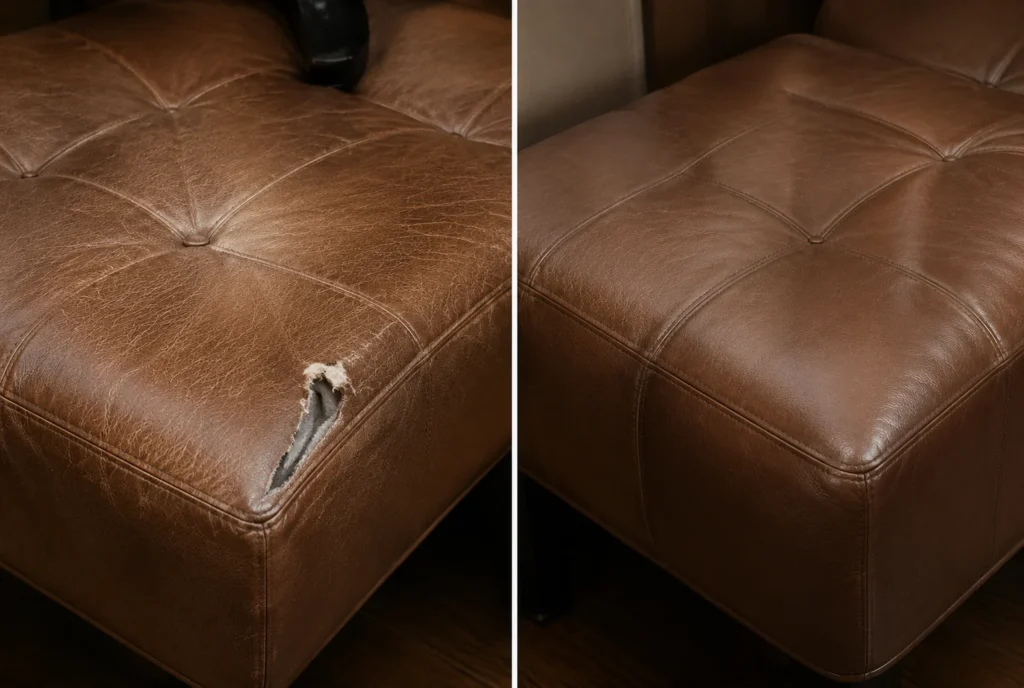 A partner chair cushion shown before and after repair