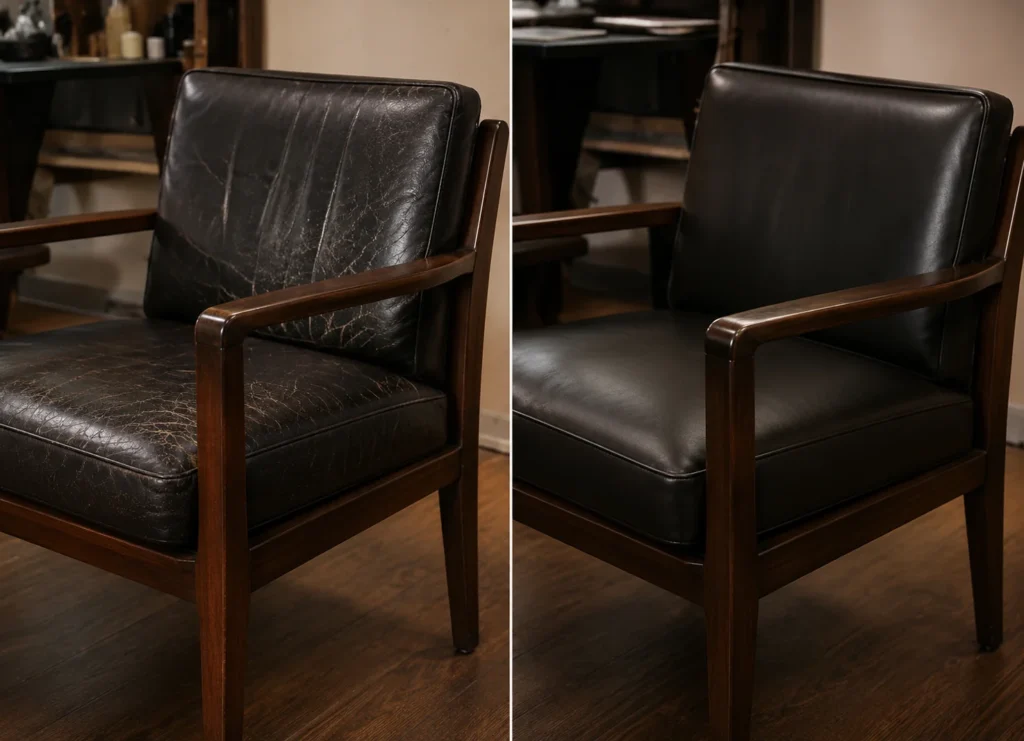 A client chair shown before and after repair