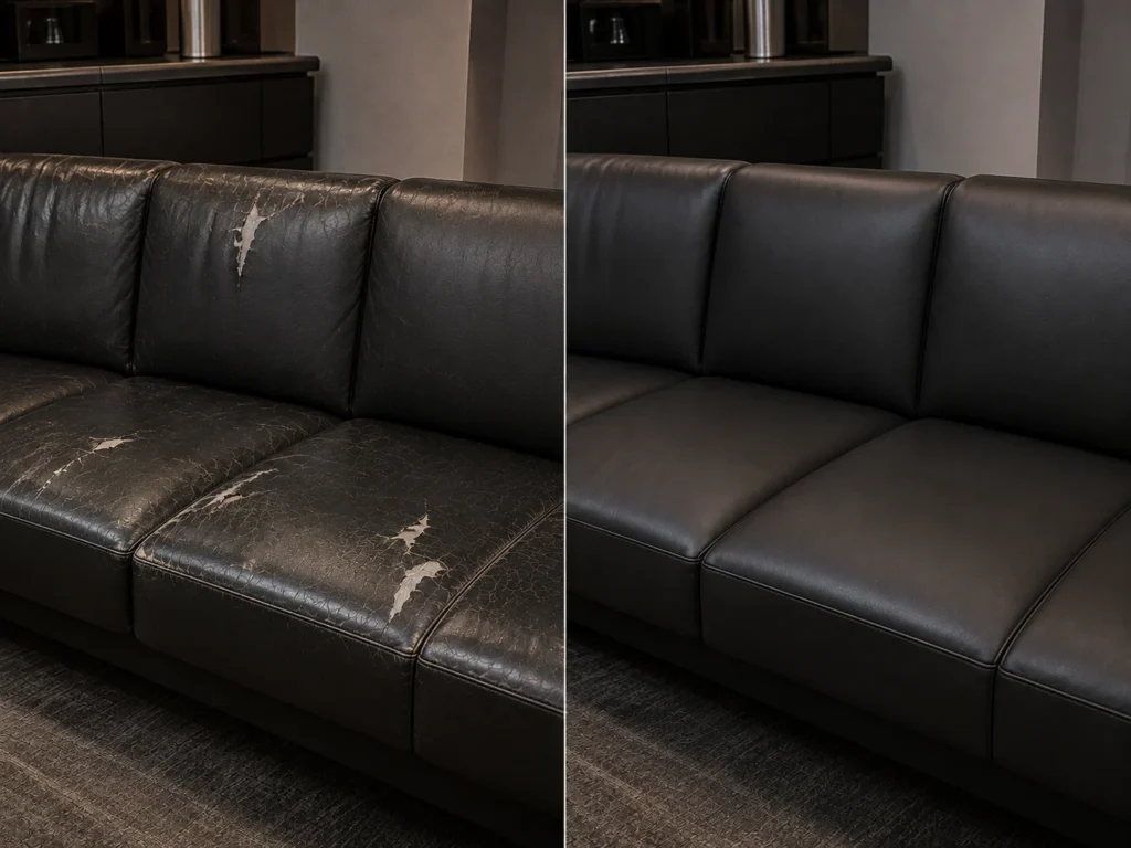 A law office reception sofa shown before and after repair
