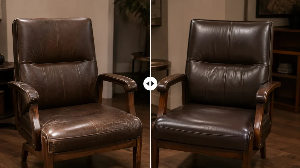 A lounge armchair shown before and after repair