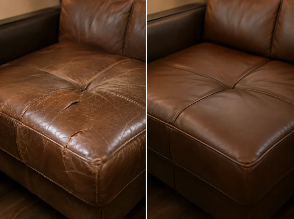 A sofa cushion shown before and after repair