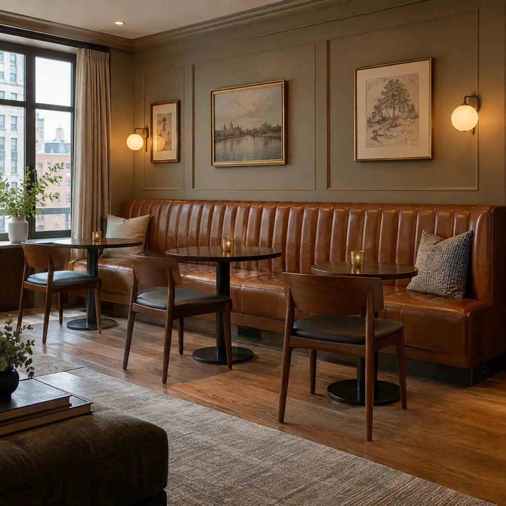 A leather banquette in a private club lounge