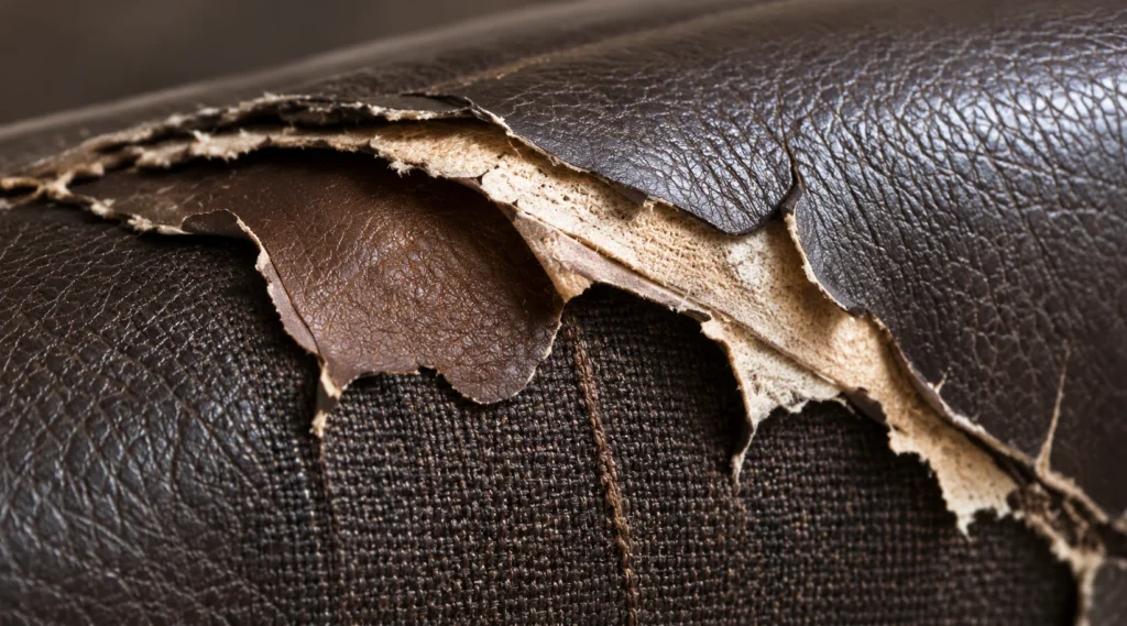 Upholstered bed showing peeling finish