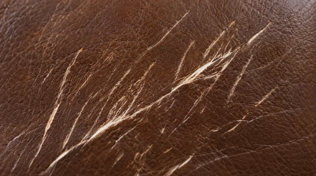 Upholstered bed showing pet scratches