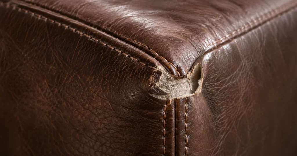Upholstered bed showing worn corners