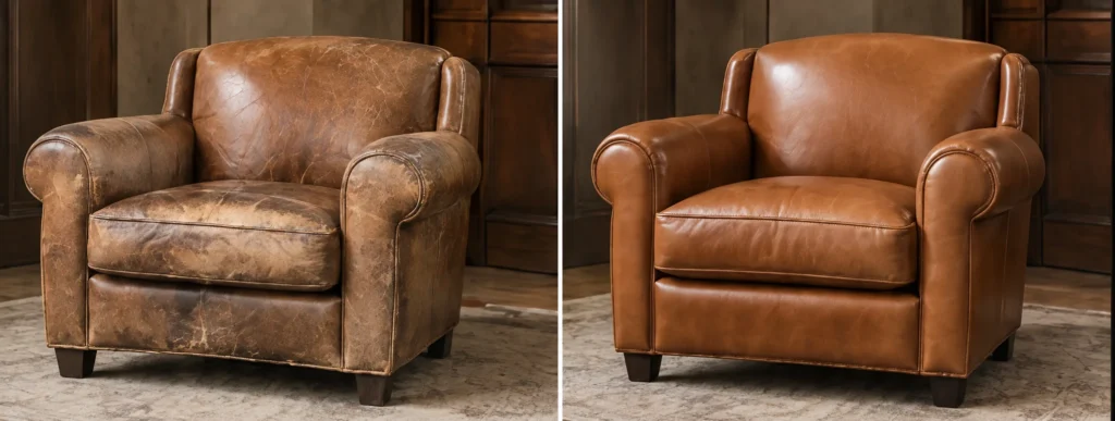 A tan leather club chair before and after restoration