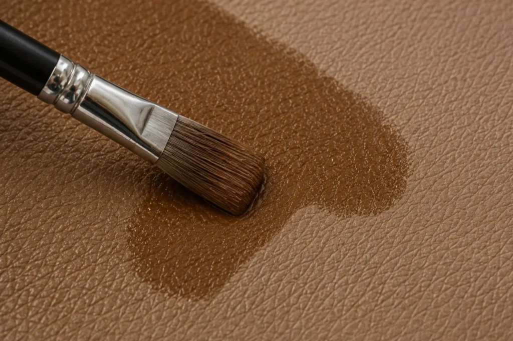 Pigment being sprayed onto leather in light coats
