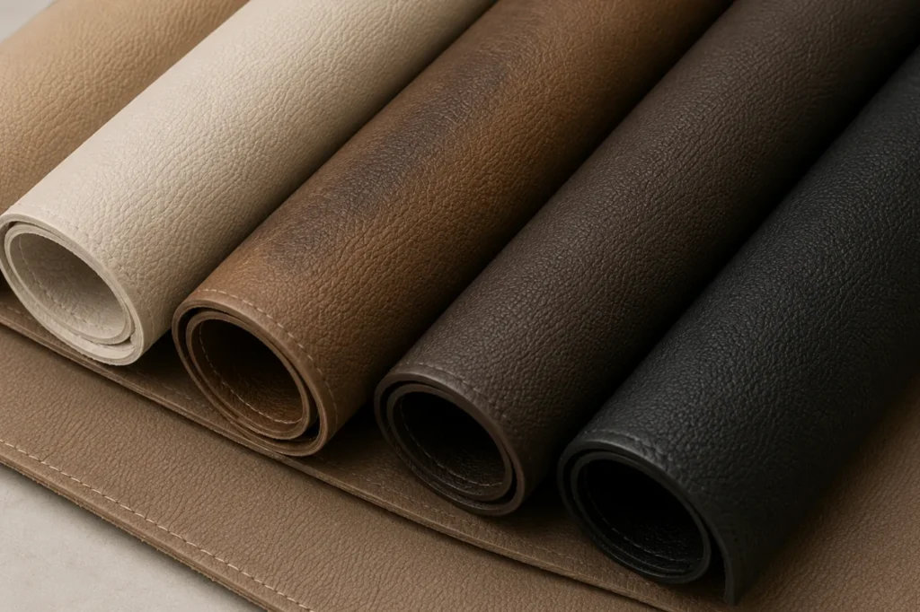 Leather, vinyl and fabric rolls side by side