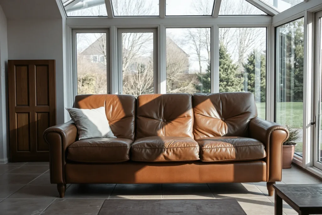 Sunroom with a tan leather couch facing the garden