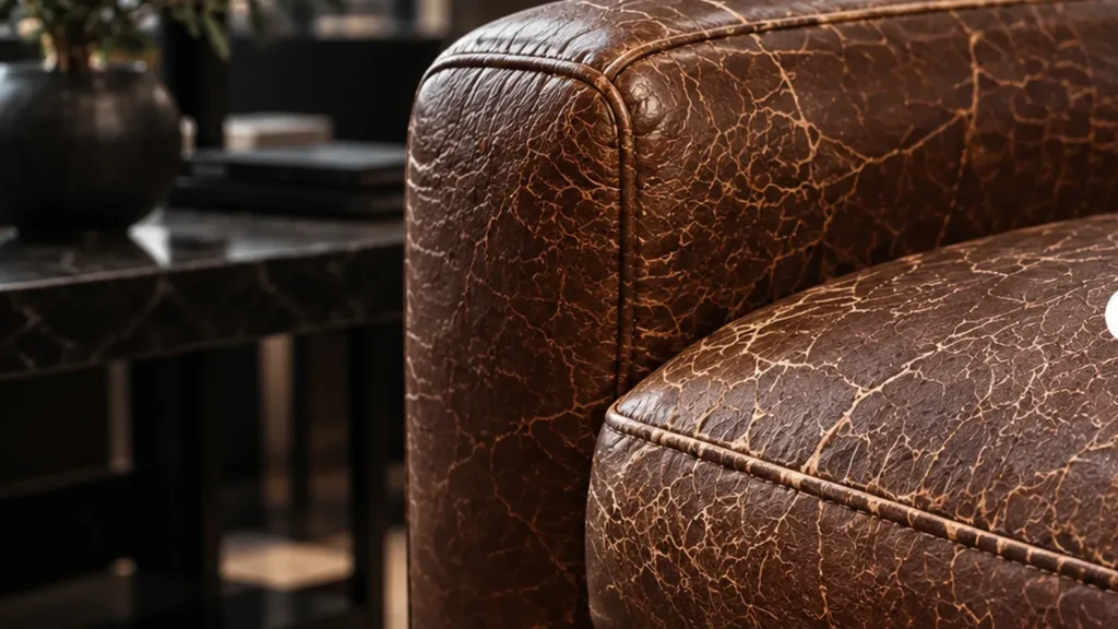 Connecticut brown leather sofa seat with cracks, before repair