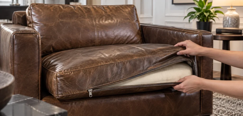 Unzipping a leather seat cushion cover by hand