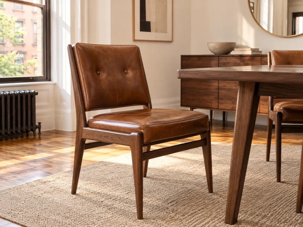 exposed wood dining chair recovered in leather