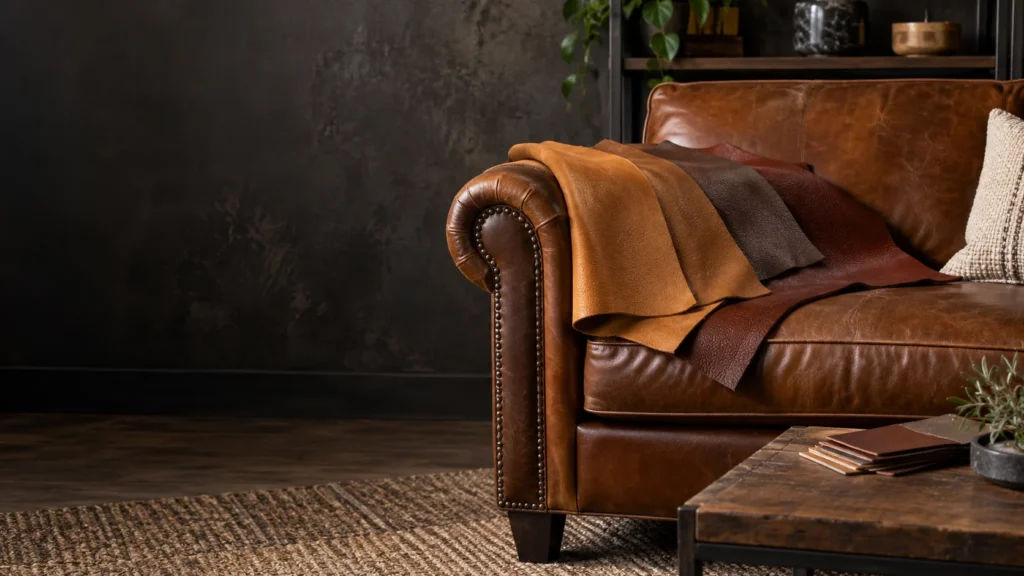 Leather samples laid against a sofa