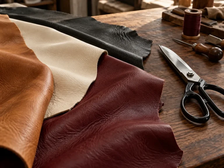 Leather hides in cognac, cream, black and oxblood for color matching